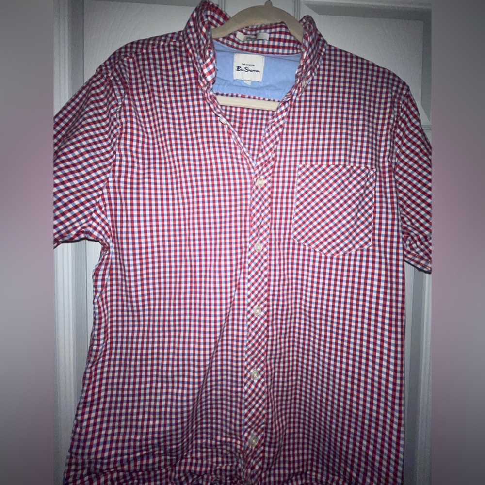 Ben Sherman Red and White Gingham Short Sleeve Button Down Shirt